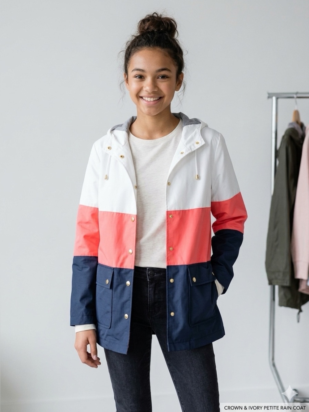 crown & ivy White, Coral & Navy Colorblock Raincoat